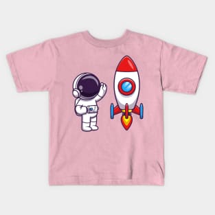Astronaut Waving Hand to Rocket Cartoon Kids T-Shirt